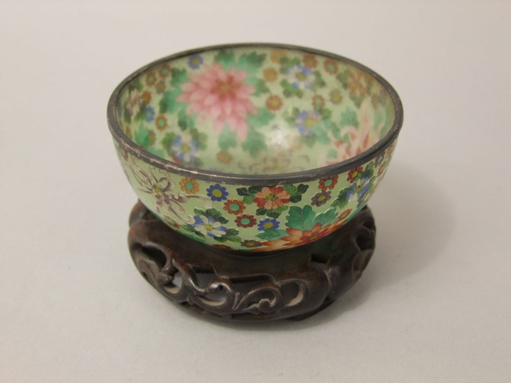 Plique-a-Jour, enamel and silver mounted Japanese bowl (Meijing period) detailed with chrysanthemums