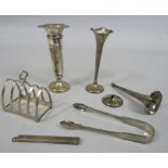 Mixed collection of silver to include a lancet toast rack, three silver vases (AF) silver sugar