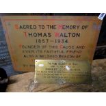 Two small reclaimed brass signs/plaques of rectangular form, one in memory of Thomas Walton 1857-