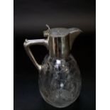 French silver plated Christofle ewer, the glass bowl etched with thistle pattern, 24cm high