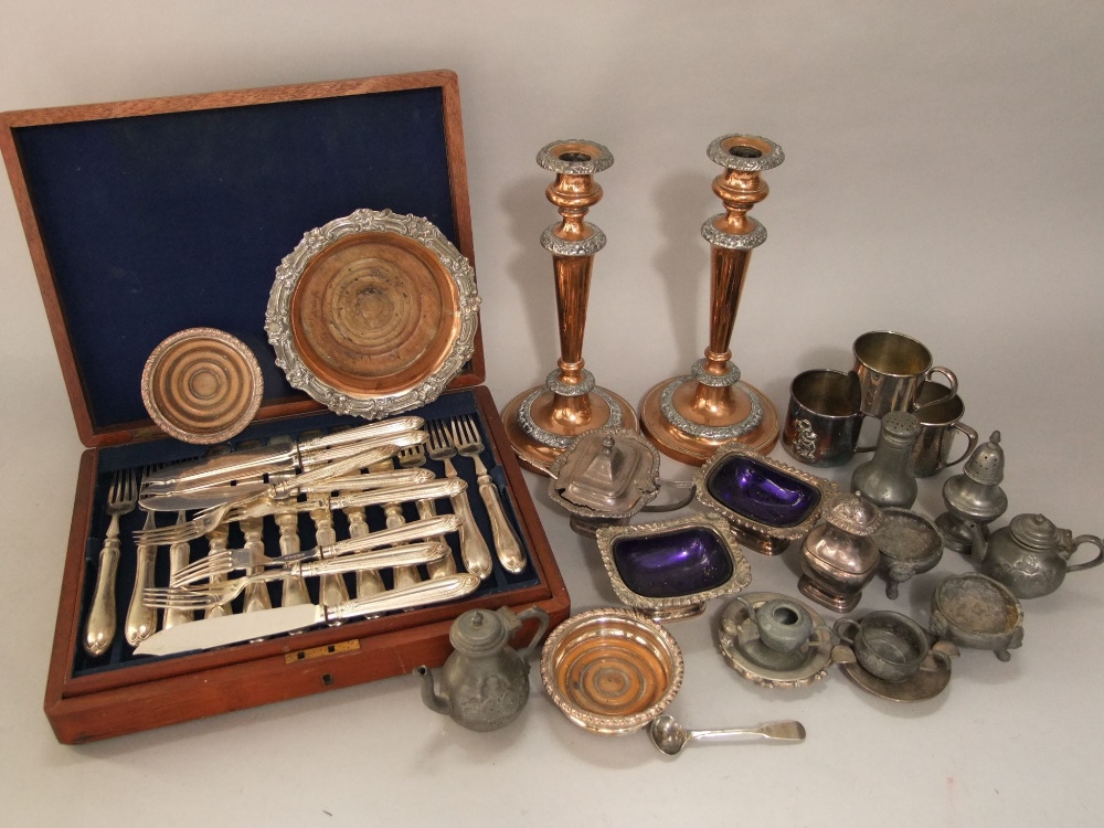 A box containing a collection of silver plated and pewter items to include a two tier canteen of