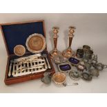 A box containing a collection of silver plated and pewter items to include a two tier canteen of