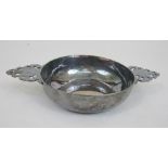 Interesting continental white metal twin handled dish/quaich, indistinct marks, with inscription,