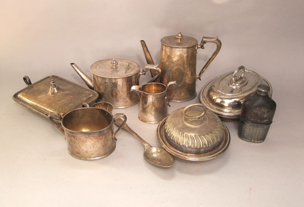 A mixed collection of silver plate to include a four piece oval cylinder tea service, muffin dishes,