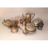 A mixed collection of silver plate to include a four piece oval cylinder tea service, muffin dishes,