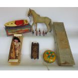 A large collection of vintage toys to include Britons type lead figures, Pelham puppet, Hornby