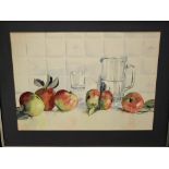 Jo Waters (20th century British) - Still lifes with fruit, watercolours, pair, both signed, with