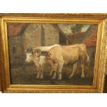 G Wintz (late 19th century school) - Two Oxen in a farmyard setting, oil on canvas, signed, 52 x