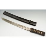 Japanese Aikuchi dagger, with wrapped shagreen tsuka, relief work to the fuchi and black lacquered