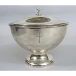 1960s ecclesiastical silver lidded pedestal bowl, engraved with a crucifix and inscribed "