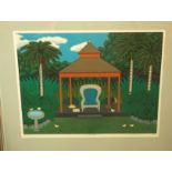 A signed coloured limited edition print of a tropical style setting with palm trees, garden chair,