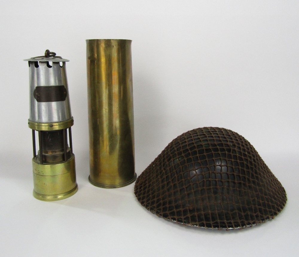 JH Nailer Ltd of Wigan, steel and brass miners lamp, together with a further trench art shell vase