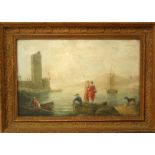 J Derie? 19th century school - Lake scene with figures and dog, oil on canvas, indistinctly