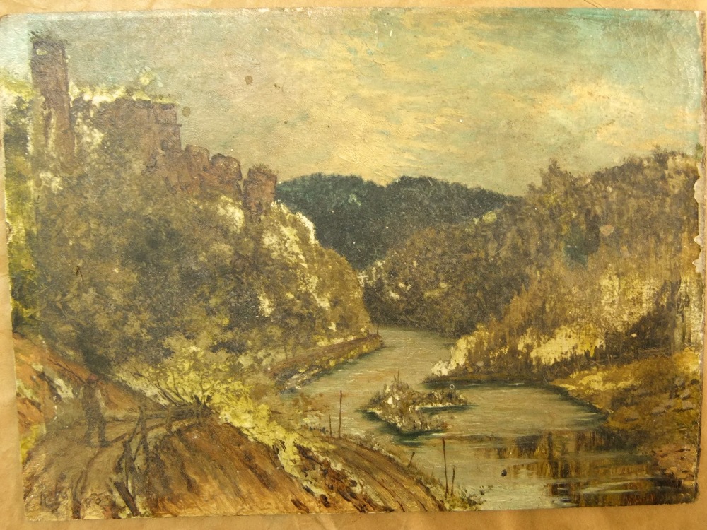 19th century British school - Study of a gorge, oil on board, signed with initials, dated 85, with