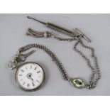 19th century silver Swiss made fob watch, the enamel dial with a floral spray, upon a silver watch