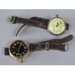 1920s yellow metal gentleman's wrist watch in the military style, with black dial fitted with Arabic