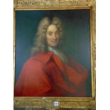18th century school - Bust length portrait of a man in wig and red cloak, oil painting on