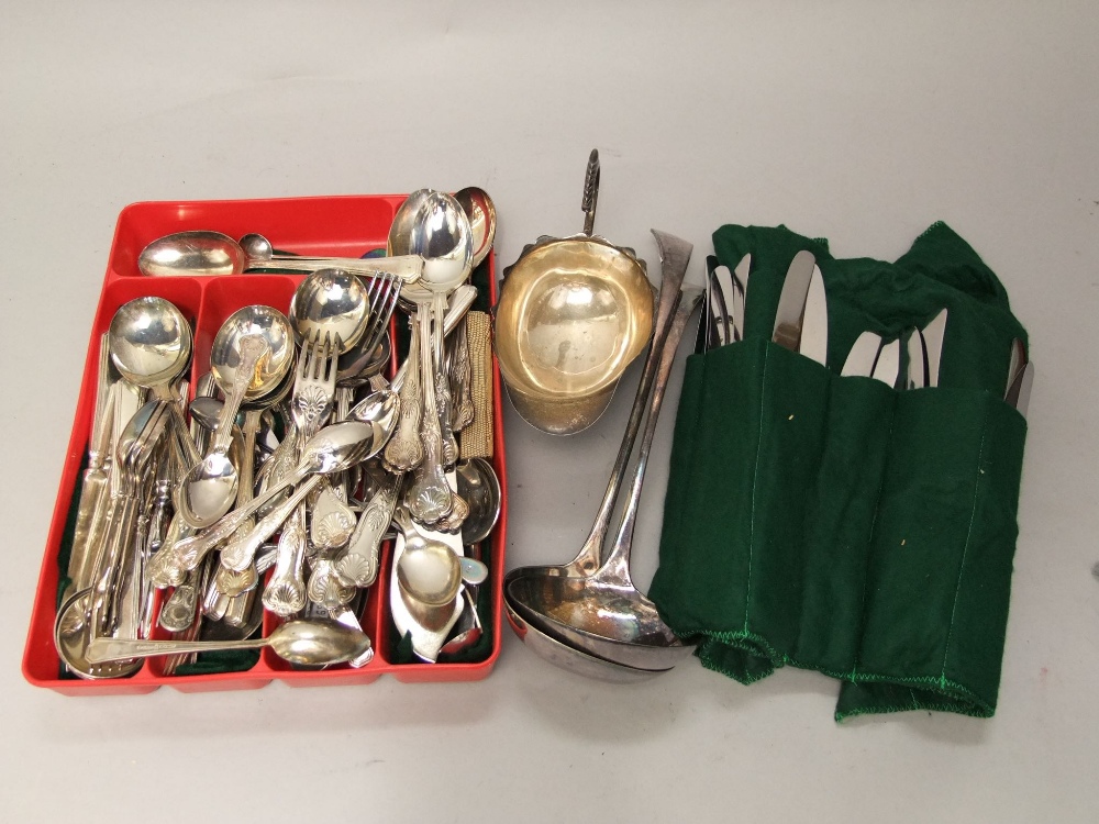 Large collection of good quality silver plated flatware to include two soup ladles and others