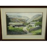 Max A*. S*. Hamblen (20th century) - rural landscape with farm buildings, mountains and poultry,