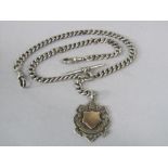 Silver watch chain with T bar and pendant, 16oz approx