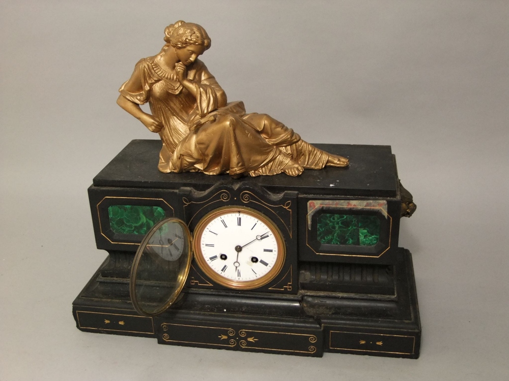 19th century black slate mantle clock, mounted by a gilt metal figure of a reclining maiden, the