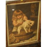 A collection of pictures and prints including a Victorian coloured print of a little girl bathing