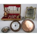 A mixed metal ware lot to include a James Dixon & Sons powder flask embossed with dead game, a