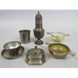 A mixed collection of silver to include horn and silver mounted quaich, a glass and silver mounted