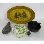 A mixed lot to include a tolware tray, an embossed copper powder flask, two cork screws, a lacquer