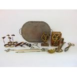 A mixed metal ware lot to include an arts and crafts copper twin handled tray, two similar letter