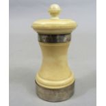 1920s ivory and silver bound pepper grinder, London 1920, makers marks worn, 11cm high