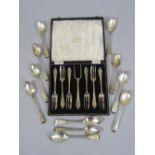 A case set of 1930s silver cake forks; together with eleven silver teaspoons, 9.5oz approx