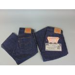 Two pairs of Levi jeans, one with original labels (1955-62) and copper backed concealed pocket