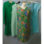 A collection of 1960s ladies clothing including five dresses in shades of green and blue