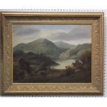 T Hall (19th century British school) - Lakeland scene with mountains, oil painting on canvas, signed