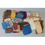 A box of Victorian and later men's accessories including white leather evening gloves, fur gloves,