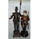 Two cast resin studies of Knights, one converted to a table lamp, 183 cm high respectively (2)