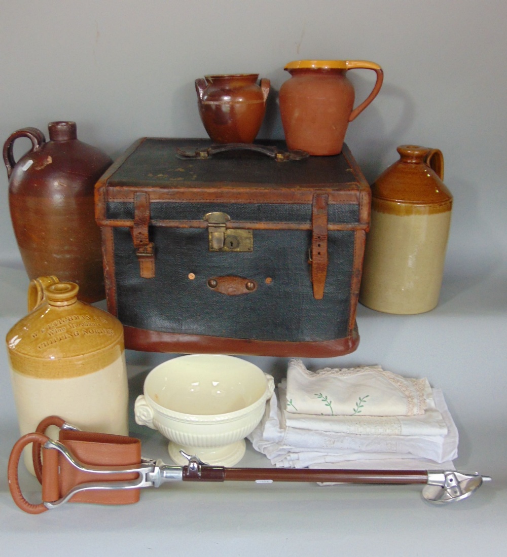 A mixed miscellaneous lot to include various stoneware jars, a shooting stick, a leather trunk, etc