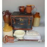 A mixed miscellaneous lot to include various stoneware jars, a shooting stick, a leather trunk, etc