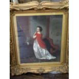 19th century school - Full length portrait of a young woman in white satin dress and red shawl in an