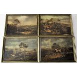 19th century - A set of four hunting engravings with over painted finish, 16 x 24cm, all framed,