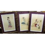 A set of three eastern watercolours on fabric of female figures, 38 x 24cm in gilt bamboo style