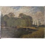 W Brockman, 19th century British School, a river scene with lock and punt, oil on canvas laid onto