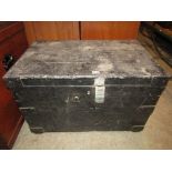 An old stained pine carpenters chest with hinged lid and removable tray interior containing a