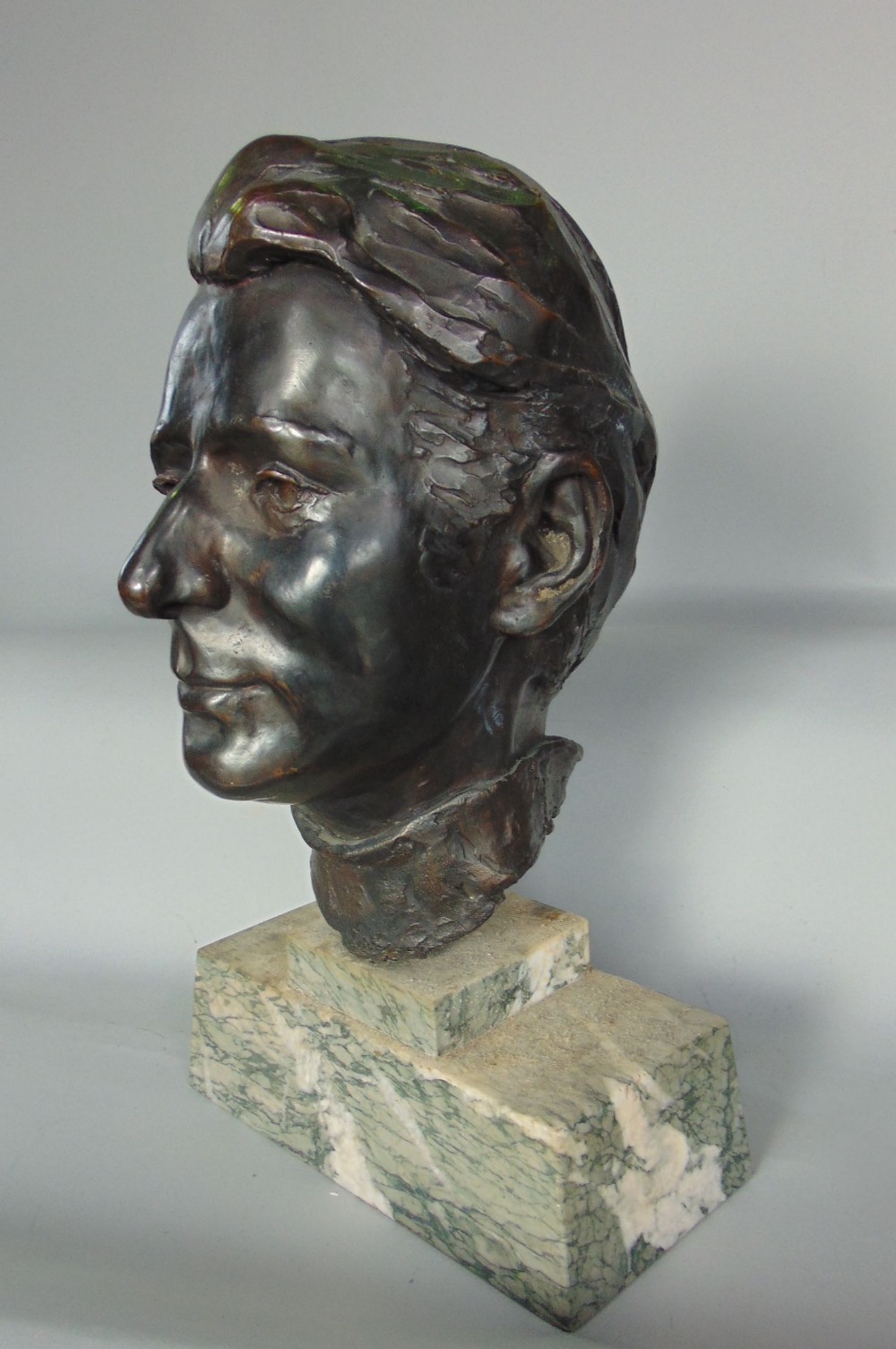 Mid 20th century bronze bust study of a gentlemen's head, upon a stepped square marble plinth - Image 2 of 2