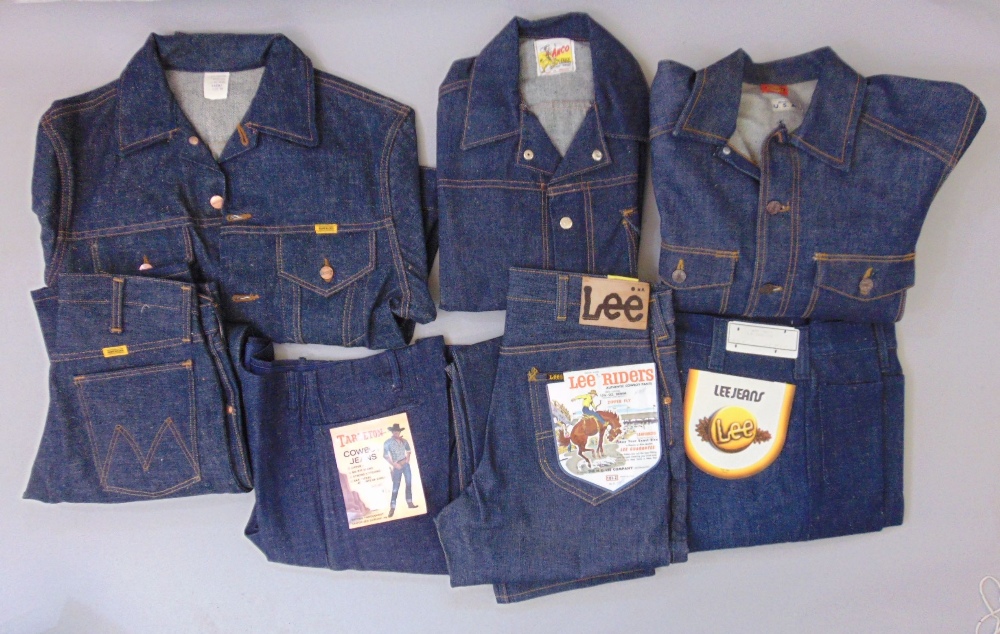 A collection of vintage denim clothing including a Maverick jacket, size 40, Maverick Jeans, a