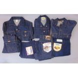 A collection of vintage denim clothing including a Maverick jacket, size 40, Maverick Jeans, a