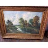 Late 19th century (British school) - River scene with shepherd and flock, oil on canvas, unsigned,