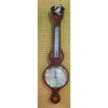 Mahogany and boxwood inlay barometer, inlaid with conch shells with silvered dials, 95cm long (af)