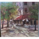 Brent Heighton - A Parisian street scene with cafe, coloured print with oil highlights on canvas,